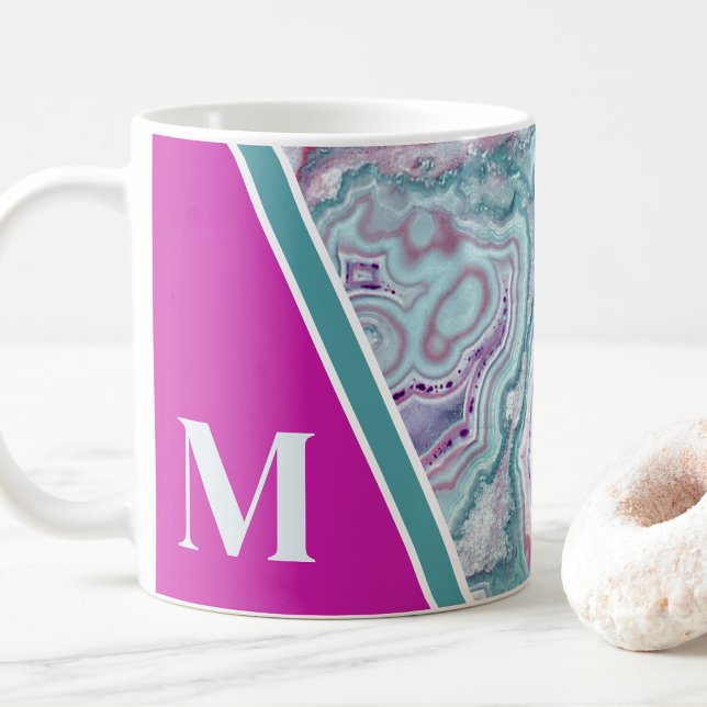 Personalised Pink Teal Monogram Initial Coffee Mug (Girly Elegant Teal Fuchsia Agate Monogram Initial Coffee Mug)