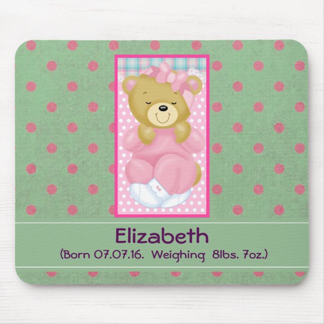Personalised Pink Teddy Bear Baby Keepsake Mouse Pad (Front)