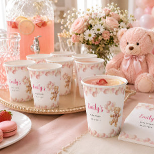 Personalised Pink Teddy Bear girl Baby Shower Paper Cups