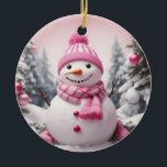 Personalised Pink Theme Christmas Snowman Ceramic Ornament<br><div class="desc">Personalised Pink Theme Christmas Snowman</div>