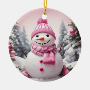 Personalised Pink Theme Christmas Snowman Ceramic Ornament