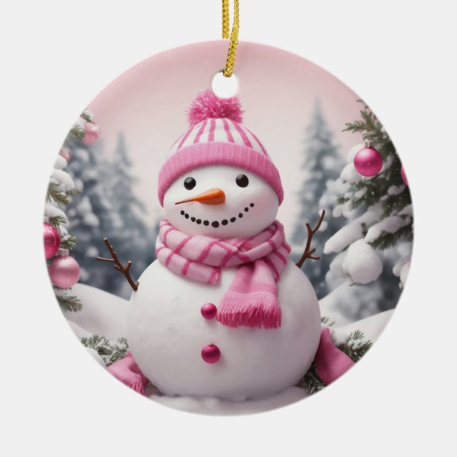 Personalised Pink Theme Christmas Snowman Ceramic Ornament (Front)