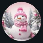 Personalised Pink Theme Christmas Snowman Classic Round Sticker<br><div class="desc">Personalised Pink Theme Christmas Snowman</div>