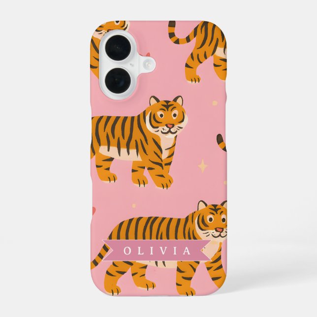 Personalised Pink Tiger Chic Edgy Fun Aesthetic iPhone 16 Case (Back)