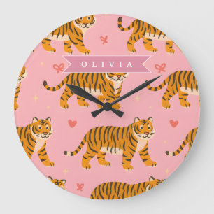 Personalised Pink Tiger Chic Edgy Fun Aesthetic Large Clock