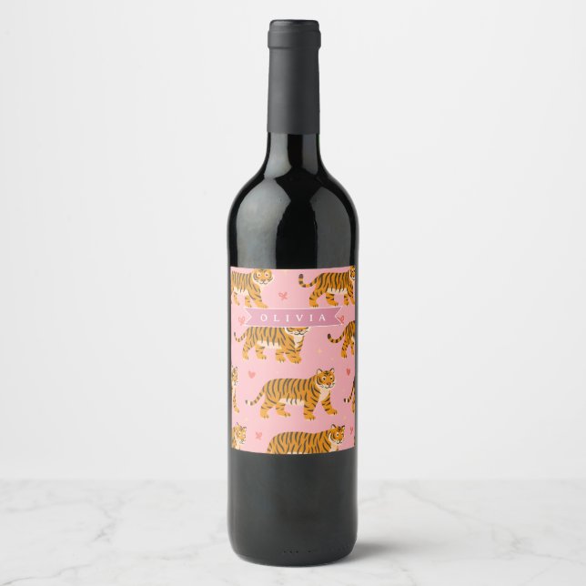 Personalised Pink Tiger Chic Edgy Fun Aesthetic Wine Label (Front)