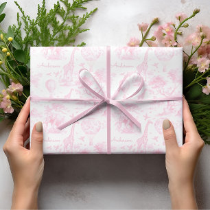 Personalised Pink Toile Safari Baby Shower Gift Wrapping Paper
