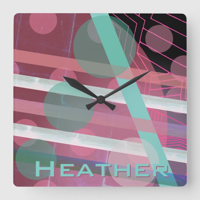 Personalised/Pink & Turquoise/Abstract Design Square Wall Clock (Front)