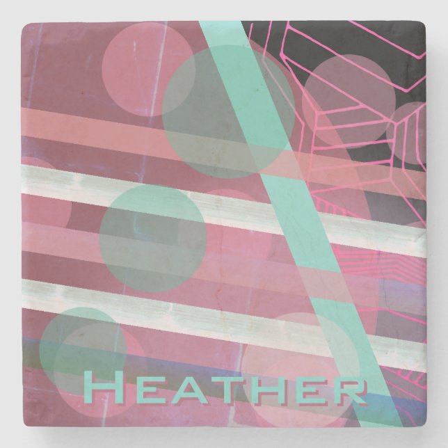 Personalised/Pink & Turquoise/Abstract Design Stone Coaster (Front)