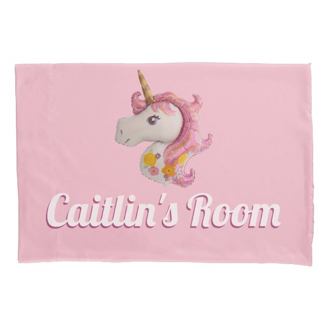 Personalised Pink Unicorn Balloon Girl's Bedroom Pillowcase (Front)
