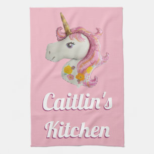 Personalised Pink Unicorn Balloon Girly Tea Towel
