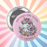 Personalised Pink Unicorn Girl's Birthday 6 Cm Round Badge<br><div class="desc">Sweet pink and blue little girl's personalised birthday girl button. A pretty unicorn surrounded by flowers. Cute for any little girl who loves unicorns and flowers!</div>