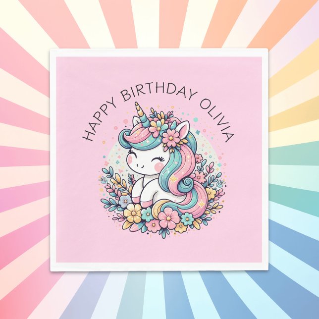 Personalised Pink Unicorn Girl's Birthday Napkin (Creator Uploaded)