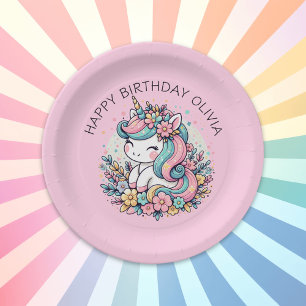 Personalised Pink Unicorn Girl's Birthday Paper Plate