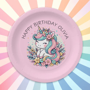 Personalised Pink Unicorn Girl's Birthday Paper Plate