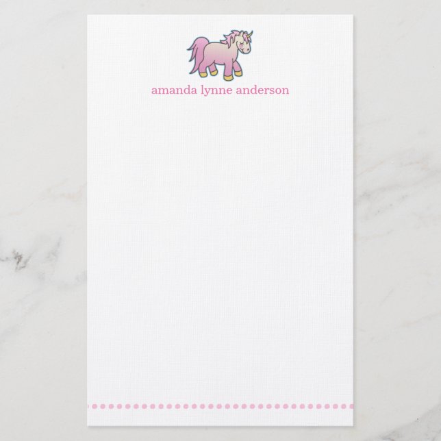 Personalised Pink Unicorn Kids Stationery (Front)