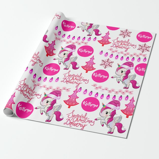 Personalised Pink Unicorns Christmas Wrapping Paper (Unrolled)
