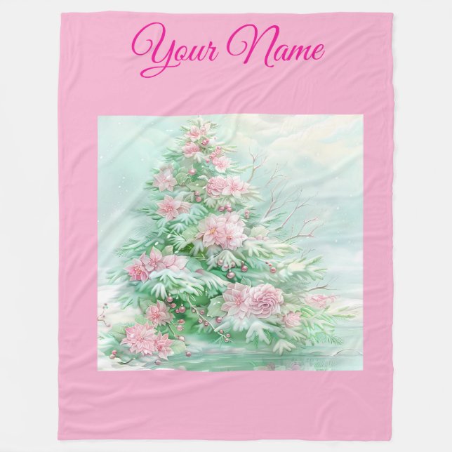 Personalised Pink Vintage Christmas Poinsettia Fle Fleece Blanket (Front)