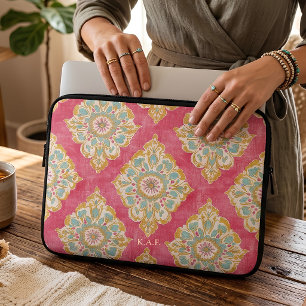Personalised Pink Vintage Floral Damask Monogram Laptop Sleeve