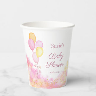 Personalised Pink Watercolor Balloon Baby Shower Paper Cups
