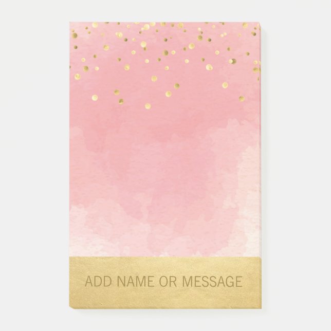 Personalised Pink Watercolor Faux Gold Foil Post-it Notes (Front)