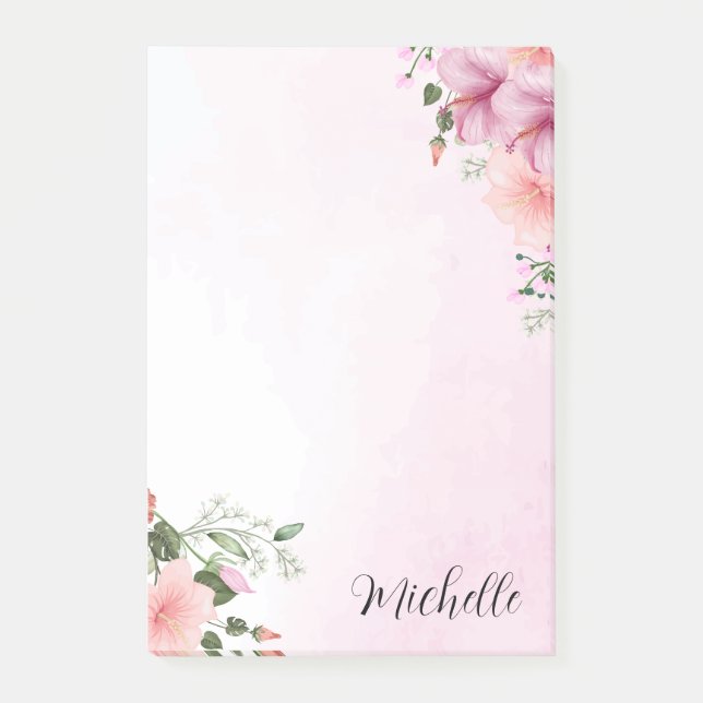 Personalised Pink  Watercolor Flowers  Post-it Notes (Front)