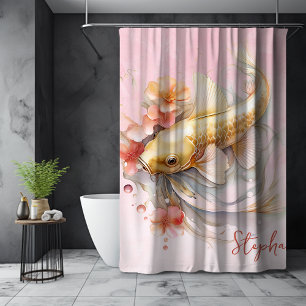 Personalised Pink Watercolor Gold Koi Fish Floral Shower Curtain