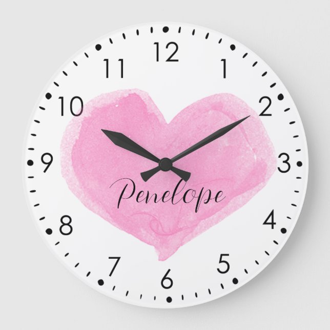 Personalised Pink Watercolor Heart Wall Clock (Front)