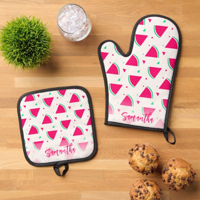 Personalised Pink Watermelon Pattern Oven Mitt & Pot Holder Set (Top Down)