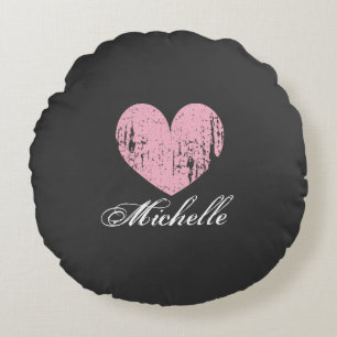 Personalised pink weathered heart round pillow