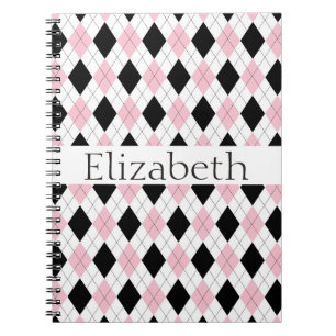 Personalised Pink White Black Argyle Pattern Notebook