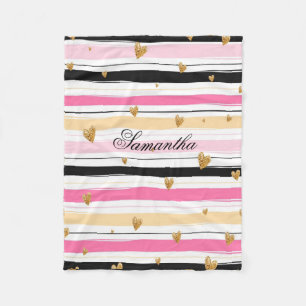 Personalised Pink White Black Stripes Gold Glitter Fleece Blanket