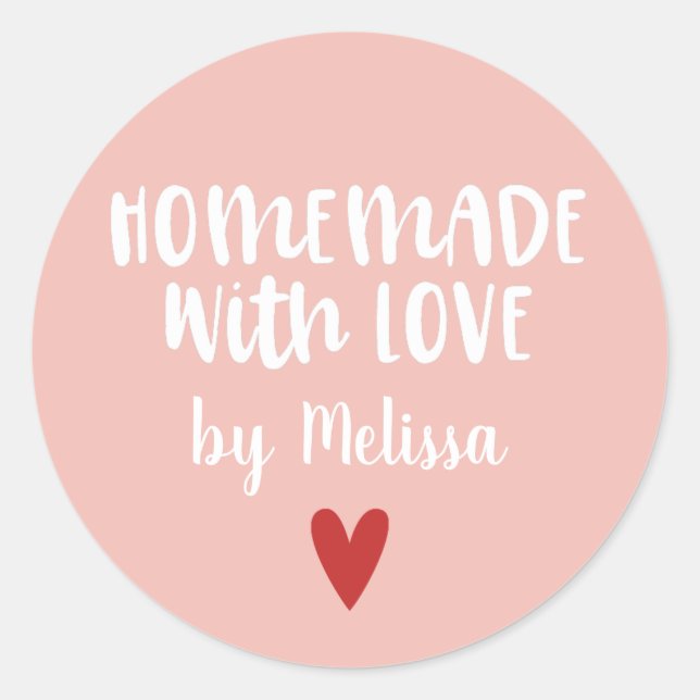 Personalised Pink White Homemade With Love Classic Round Sticker (Front)