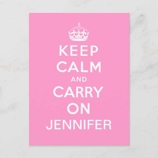 Personalised Pink White Keep Calm and Carry On Postcard (Front)