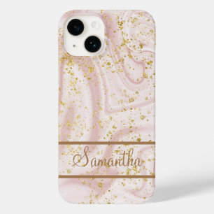 Personalised Pink White Marble Swirl Gold Glitter Case-Mate iPhone 14 Case