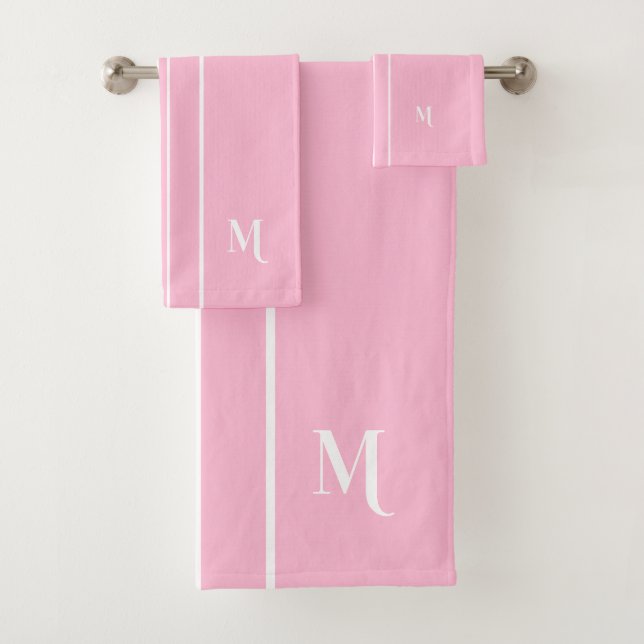 Personalised Pink White Monogrammed Racing Stripes Bath Towel Set (Insitu)