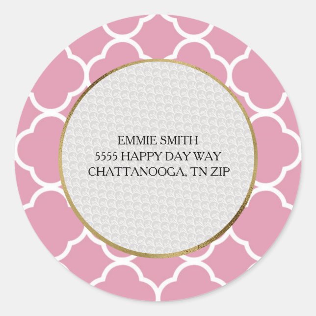 Personalised Pink White Quatrefoil Return Address Classic Round Sticker (Front)
