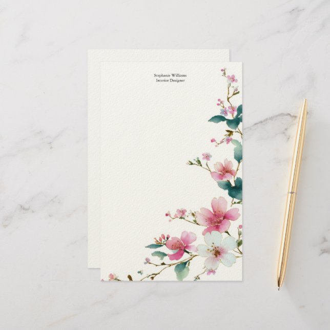 Personalised  Pink White Wildflowers Florals  Stationery (Front/Back In Situ)