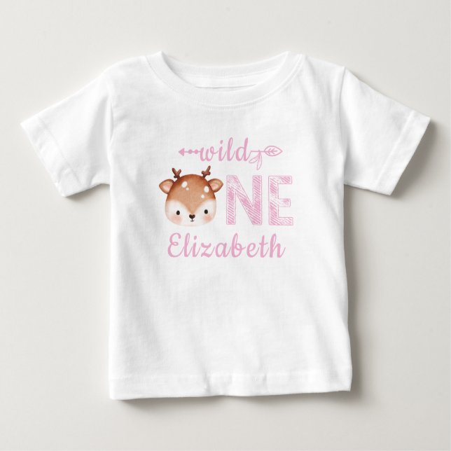 Personalised Pink WILD ONE Deer First Birthday Baby T-Shirt (Front)
