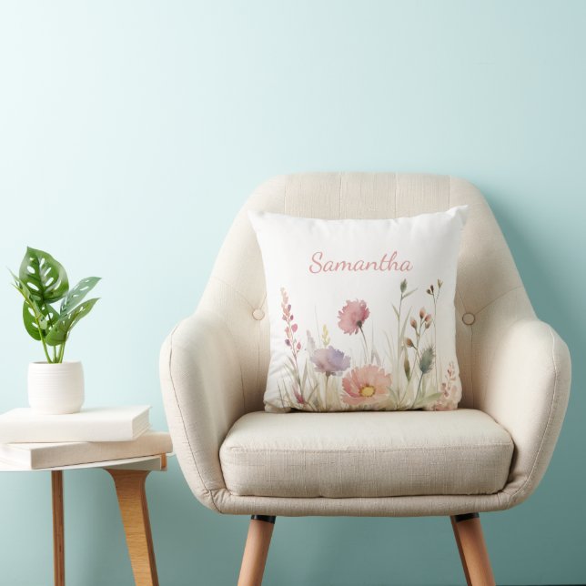 Personalised Pink Wildflower Floral Cushion (Chair)