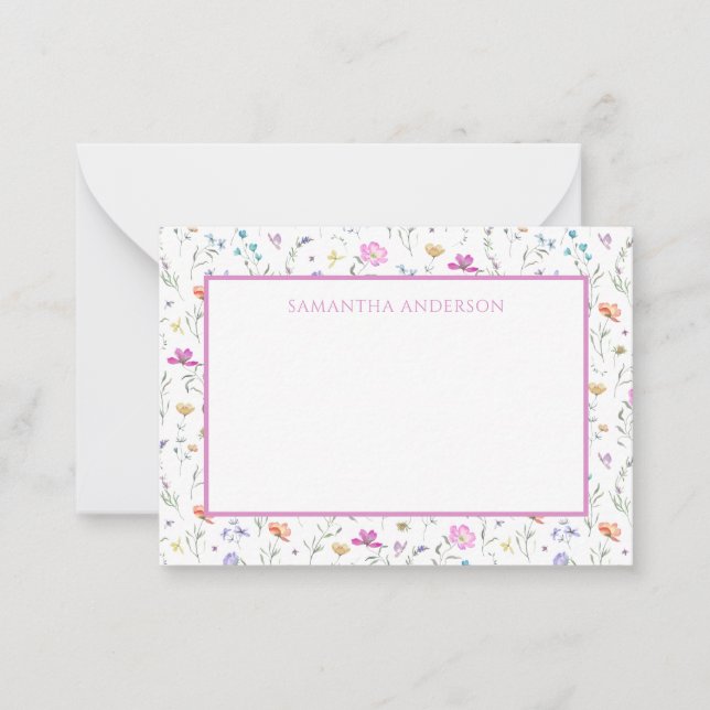 Personalised Pink Wildflower Floral Flat Note Card (Front)