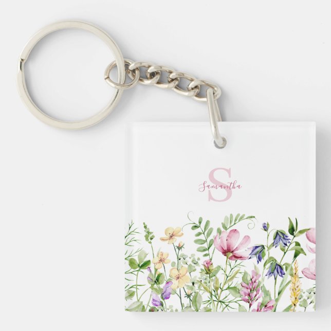 Personalised Pink Wildflower  Key Ring (Front)