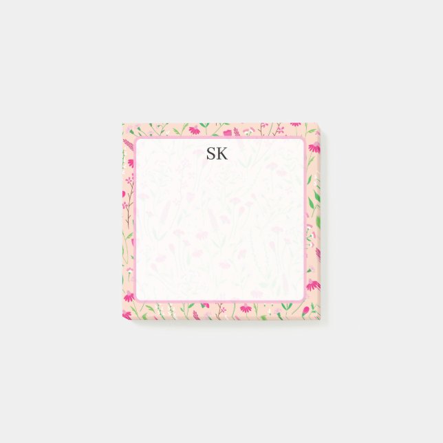 Personalised Pink Wildflower Monogram Post-it Notes (Front)