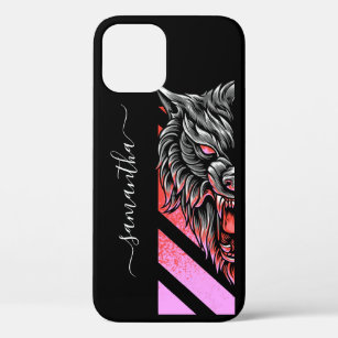 Personalised Pink Wolf Monogram Art iPhone 12 Case