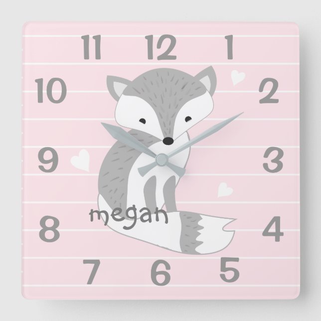 Personalised Pink Woodland Fox Nursery Wall Clock (Front)