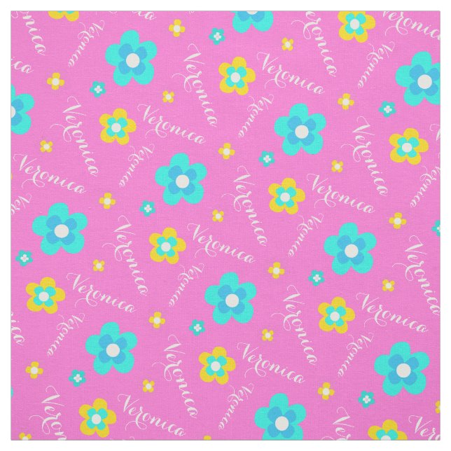 Personalised pink yellow aqua white name pattern fabric (Swatch)