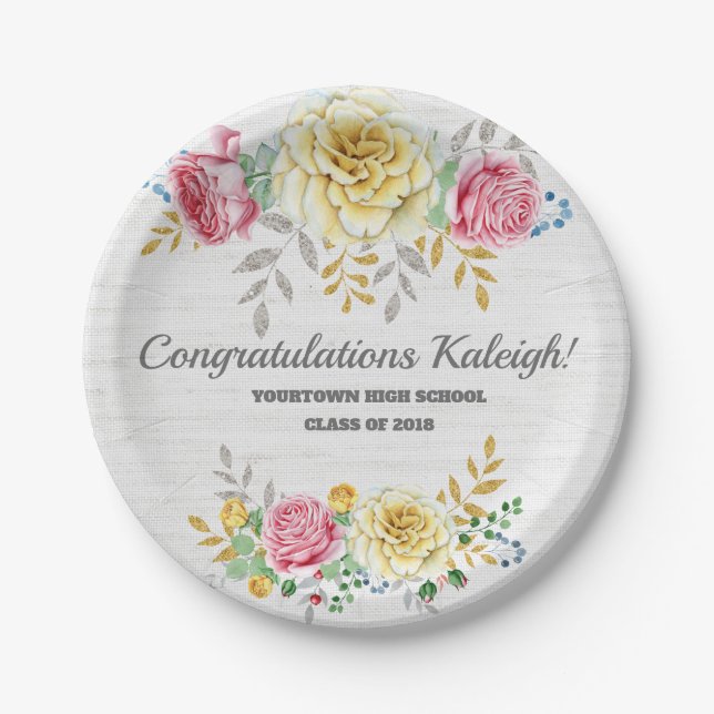 Personalised Pink Yellow Floral on Grey Burlap Paper Plate (Front)