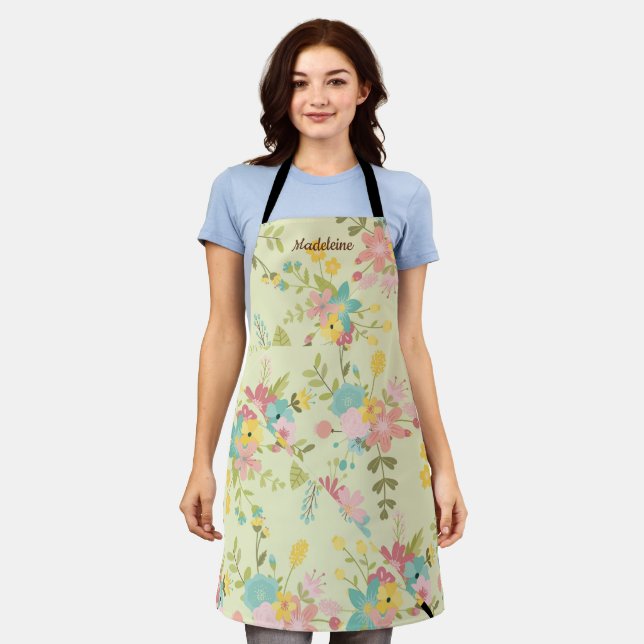 Personalised Pink Yellow Green Florals Apron (Worn)