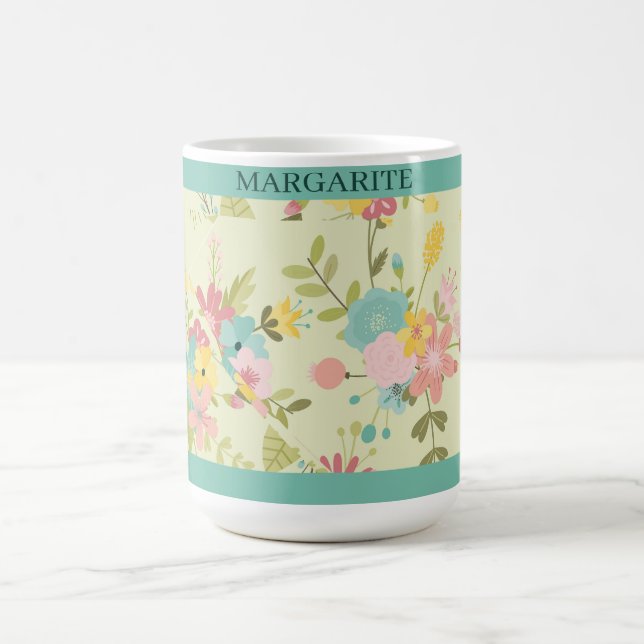 Personalised Pink Yellow Green Florals  Coffee Mug (Center)