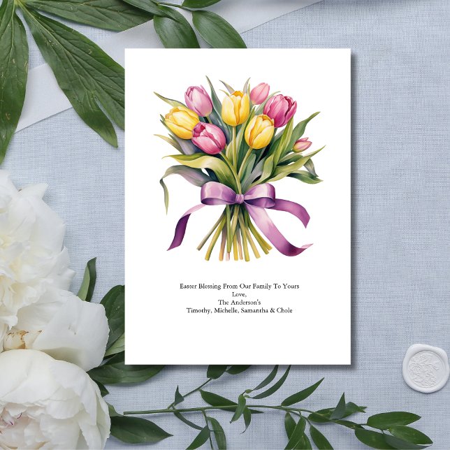 Personalised Pink Yellow Tulip Flowers Easter  Holiday Card (Personalized Pink Yellow Bouquet of Flowers Tulips Easter Spring Card)